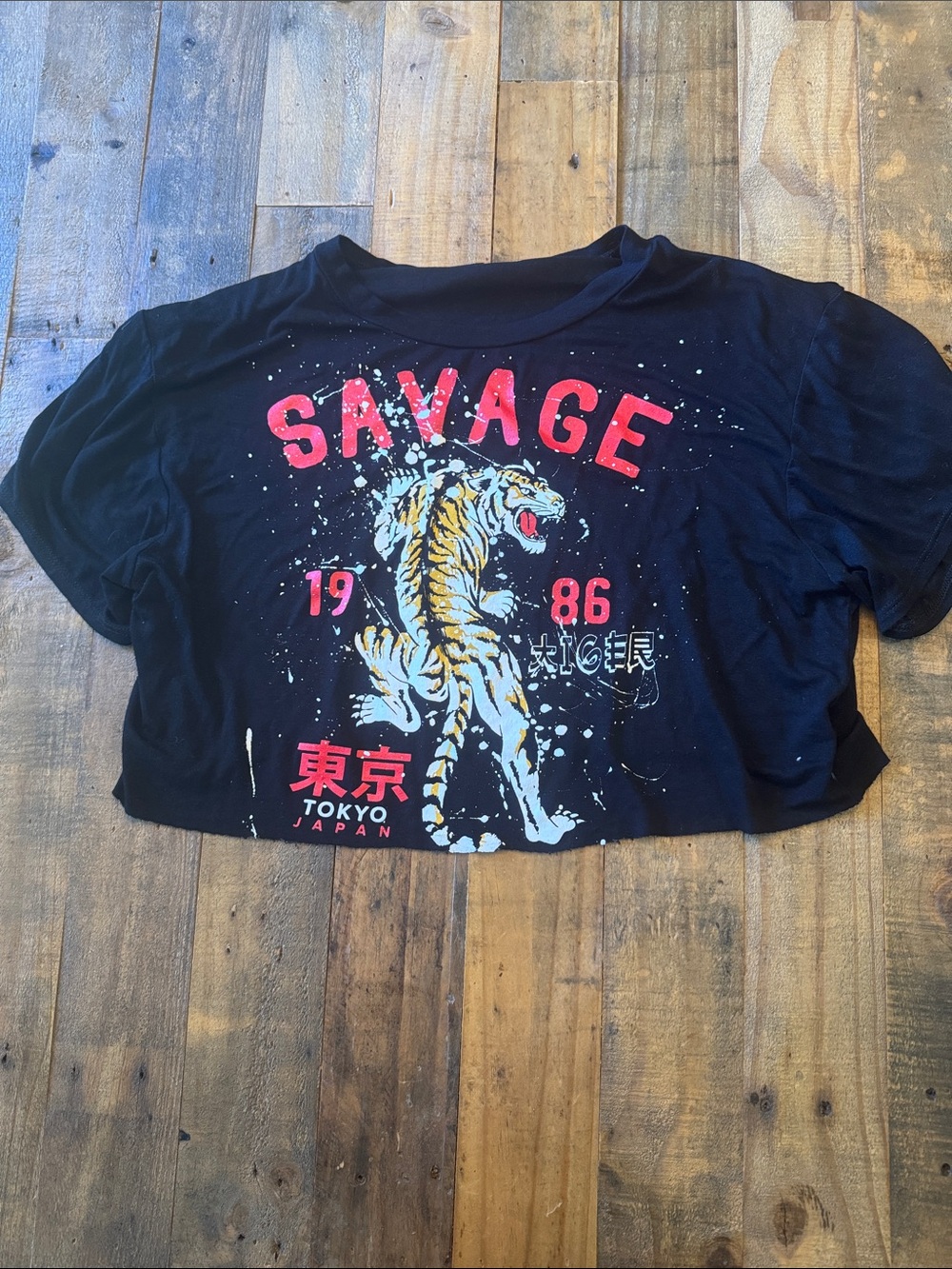 Fashion Nova Black Crop Tee with Red 'SAVAGE' & Tiger Graphic